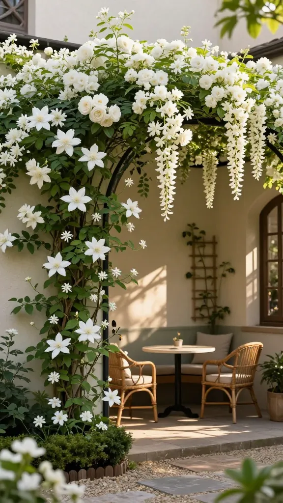 Realistic high-resolution photo of a lush white-flower garden focused on vertical climbers: a sunlit courtyard with cream-painted stucco walls covered in white-flowering star jasmine and clematis ‘Henryi,’ with a graceful white wisteria trained over a dark metal arch, and a white climbing rose ‘Iceberg’ winding up a wooden trellis. The scene includes a cozy seating nook beneath the arch—woven rattan chairs with neutral cushions and a small bistro table—dappled shade from the flowering canopy, soft afternoon light, and gentle shadows. The ground is a mix of aged stone pavers and gravel with low boxwood edging and white alyssum at the base. Subtle details: tendrils, glossy green leaves, delicate white petals, a hint of fragrance implied by bees and soft motion blur in leaves. Composition draws the eye upward, creating height and privacy, with cinematic depth of field, ultra-realistic textures, natural color grading, 50mm lens look, golden-hour ambiance. No text.