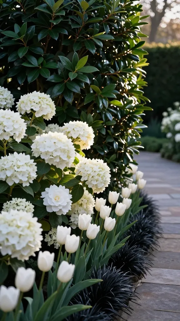 Golden-hour, editorial-style garden photo showcasing an all-white flower theme paired with deep greens: a curved entryway border filled with lush white hydrangea panicles and pristine white camellia blooms, backed by a tall, glossy dark-green evergreen hedge (laurel and magnolia leaves with rich shine). In the foreground, a narrow ribbon of black mondo grass frames a cluster of pure white tulips emerging dramatically from the near-black foliage. Natural stone pathway leads toward a photo-friendly patio with subtle bokeh in the background. Soft, directional sunlight highlights creamy white petals and the reflective surfaces of the deep green leaves, with gentle shadows for depth. Shot at eye level with a full-frame camera and a fast prime lens, shallow depth of field, ultra-realistic texture and color accuracy, no people, no text.