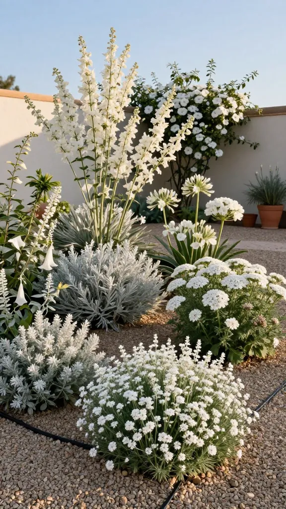 Realistic high-resolution photo of a sun-drenched drought-tolerant white flower garden showcasing an elegant, low-maintenance design in a hot, Mediterranean-style climate. The centerpiece is a lush mixed planting of white-blooming perennials and shrubs: airy white gaura wands dancing above mounds of silvery artemisia, clusters of white yarrow, drifts of white verbena at the front, spikes of white salvia ‘Snow Nymph’, spherical umbels of white agapanthus, and compact rockrose (Cistus) with papery white flowers. Add shimmering morning glory bush (Convolvulus cneorum) with silver foliage and white trumpets along the edges. Ground is mulched with warm-toned gravel, with discreet black drip irrigation lines partially visible near plant bases. Include a pale stucco wall and terracotta pots in the background, with strong late-afternoon golden light, crisp shadows, and a clear blue sky. Composition is naturalistic and textural, emphasizing silver foliage and white blooms against gravel, with shallow depth of field and lifelike color accuracy. No people, no text.