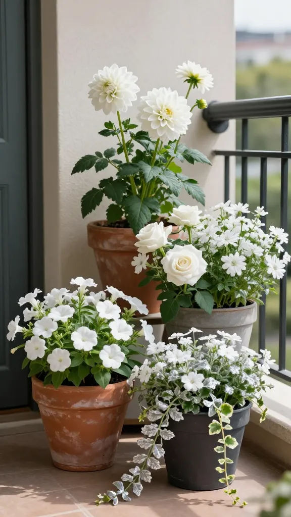 Realistic, high-resolution photo of a portable white-flower container garden styled on a sunlit balcony nook: a clustered trio of weathered terracotta and matte charcoal pots arranged in varying heights for a lush, layered look. Main subjects are pure-white blooms to match a white-flower garden theme—feature a striking white dahlia as the thriller in the tallest pot, and an elegant white standard rose in a mid-height container. Surround them with abundant white fillers: cascades of white calibrachoa, delicate white bacopa, and airy white lobelia, interplanted for soft texture. Add shimmering spillers that trail over the rims: silver dichondra and variegated ivy, draping naturally toward warm, textured pavers. Soft morning light creates gentle shadows and highlights petal detail and leaf variegation; a muted neutral wall and a dark-painted doorway frame the scene, suggesting flanking entry placement. Subtle background hints of an urban balcony—black metal railing, distant greenery bokeh—keep focus on the crisp white blooms and silvery foliage. Shot at eye level, shallow depth of field, ultra-detailed petals and foliage, natural color grading, no text.