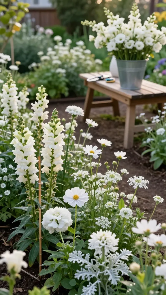 Realistic high-resolution photo of a lush white cutting garden in peak bloom at golden hour, featuring an inviting, neatly organized row-style layout designed for easy snipping. Foreground shows abundant white cut-flower varieties: tall spikes of white snapdragons and lisianthus, fluffy zinnias ‘Polar Bear’, airy phlox, delicate cosmos ‘Snow Puff’, ruffled white scabiosa, and soft silver dusty miller as foliage. Light, lacy filler blooms of ammi and Queen Anne’s lace weave between rows for texture. Visible biodegradable twine and bamboo stakes support taller stems, with clearly defined mulched paths and a simple wooden harvest bench holding sharp snips and a galvanized bucket of freshly cut white stems. Soft, warm sunlight highlights petal textures and dewy freshness; shallow depth of field keeps the focus on the flowers and practical cutting setup, with a blurred cottage garden backdrop and hints of a white vase on the bench ready for arranging. Natural color grading, true-to-life details, no text.