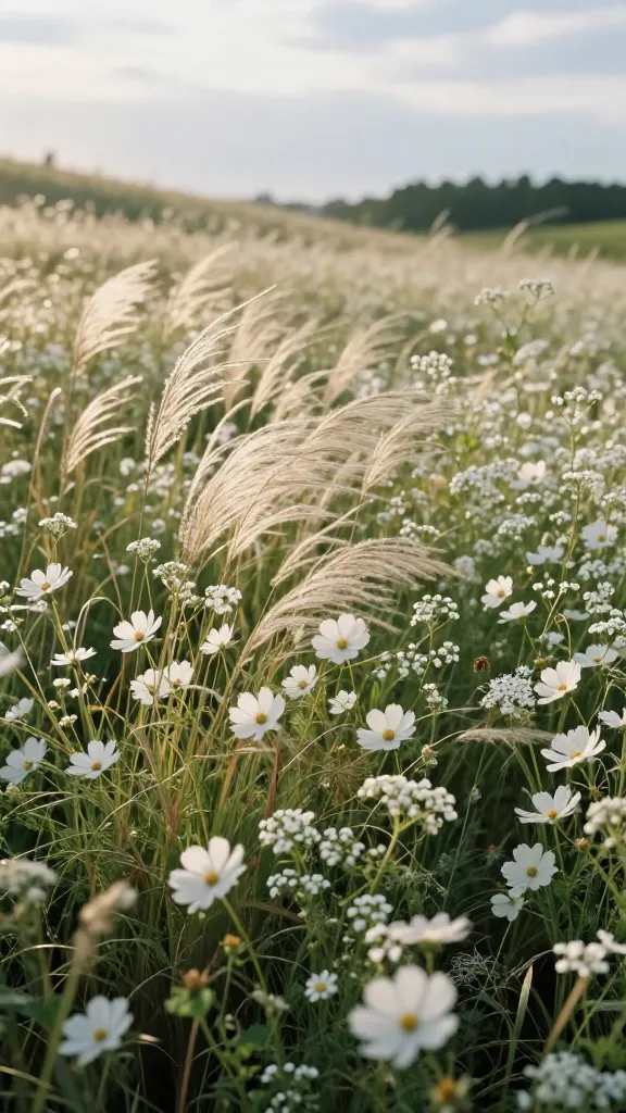 Golden-hour realistic photo of a sweeping white wildflower meadow in gentle motion, featuring drifts of airy white cosmos, gypsophila (baby’s breath), and gaura interwoven with naturalistic clumps of ornamental grasses (deschampsia and stipa) shimmering in the breeze. Add pockets of white yarrow for structure and pollinator interest, with bees and butterflies subtly visible. The scene flows across a sunny slope with a loose, slightly unruly composition, soft backlighting, and a shallow-to-medium depth of field that captures the texture of feathery seed heads and delicate white petals. Include a distant treeline and a blue sky with light clouds for scale; color palette is whites, soft greens, and tawny grass tones. Ultra-realistic, high-resolution, natural light, no people, no text.