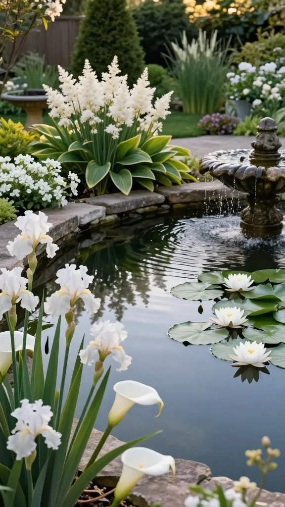 Golden-hour garden scene showcasing a serene backyard pond as the focal point, framed with a cohesive palette of white flowers. In the foreground, elegant white irises and sculptural white calla lilies line the stone-edged water’s edge, their blooms reflecting crisply on the glassy surface. Floating white water lilies with glossy pads drift across the pond. Along the shadier margins, lush green hostas with broad variegated leaves and feathery white astilbe plumes create soft texture and depth. A small, weathered stone fountain gently spills water, adding ripples that catch the light. A vintage birdbath sits nearby, subtly framed with low white flowering groundcovers. Background includes manicured evergreen shrubs and soft, out-of-focus ornamental grasses. Lighting is warm and natural, emphasizing luminous white blooms and mirror-like reflections. Ultra-realistic, high-resolution photograph, shallow depth of field, natural color grading, no text.