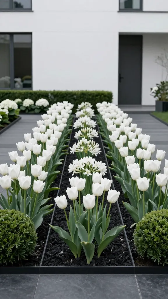 Ultra-clean monochrome white flower garden in a modern setting: a narrow, rectangular garden bed flanking a sleek front path, planted in precise, repeated blocks of pure white tulips, white agapanthus, and white hydrangeas. Structure provided by low, tightly clipped boxwood spheres and a razor-straight low hedge, all evenly spaced with crisp negative space. Ground layered with charcoal-black mulch for stark contrast, bordered by matte black metal edging and large-format charcoal pavers in a linear grid. Background features a contemporary white stucco facade with minimalist black-framed windows and a slim, charcoal door, no visible clutter. Soft morning light with gentle shadows, hyper-realistic detail on petal textures and leaf sheen, shallow depth of field emphasizing the rhythmic repetition and gallery-like calm. Color palette restricted to whites, deep greens, and charcoal/black, ultra-clean composition, high-resolution photo realism. No text.