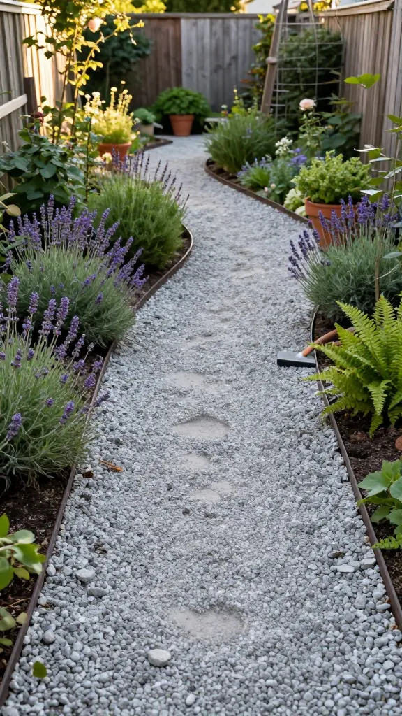 A realistic, high-resolution photo of a narrow, winding gravel ribbon path through a cozy cottage-style backyard garden. The path is edged with slim, dark metal edging and filled with 2–3 inches of light gray crushed gravel that looks freshly tamped, with subtle footprints and a faint, satisfying “crunchy” texture. Landscape fabric peeks subtly at the edges where the gravel thins, and a compact hand tamper rests off to the side to suggest recent installation. The garden feels lush and informal: soft mounds of lavender, catmint, and thyme spill gently toward the path; low boxwood and fern fronds add structure; terracotta pots with herbs flank a curve. Morning golden-hour light filters through leaves, casting dappled shadows; the background shows a weathered wooden fence and a small arbor with climbing roses. Colors are natural and warm, with crisp detail on gravel granules, edging lines, and plant textures. No people, no text, shallow depth of field that keeps the path as the focal point while softly blurring the far end into the garden.