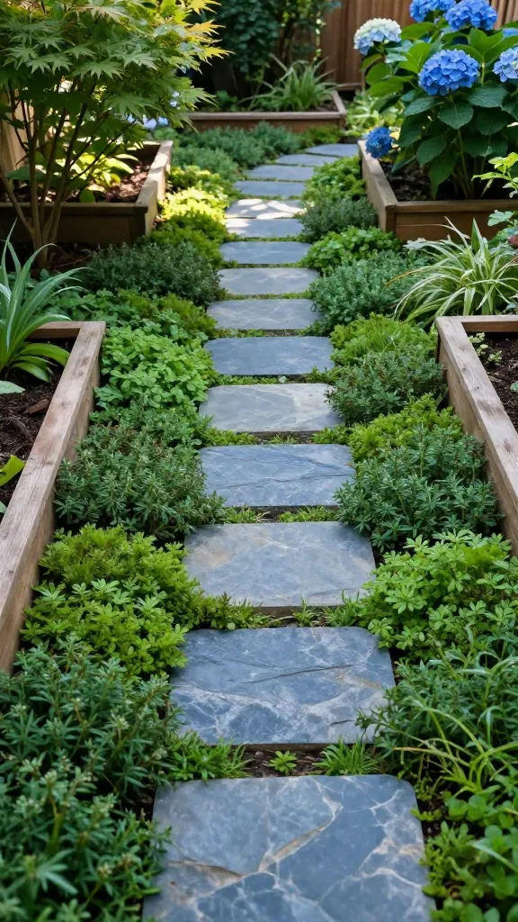 Realistic high-quality photo of a backyard garden path featuring stepping stones through lush groundcover: a gently curving path composed of flat, irregular bluestone slabs set perfectly level with the surrounding soil, spaced 18–24 inches apart for a natural stride. Dense, low-growing groundcovers—creeping thyme, Irish moss, and mazus—fill the spaces between stones, creating a soft, cushiony green carpet. The path weaves between raised cedar garden beds and continues into a dappled-shade corner beneath small Japanese maples and hydrangeas, with filtered afternoon light casting soft shadows. Subtle dew on the foliage, a well-tended look without being overly manicured, and hints of a pet- and kid-friendly yard (soft edges, no sharp transitions). Natural color palette with rich greens, cool gray-blue stone, and warm wood tones; shallow depth of field highlighting the stones and groundcover texture; shot at knee height, 35mm lens, soft overcast lighting for even detail—no text.
