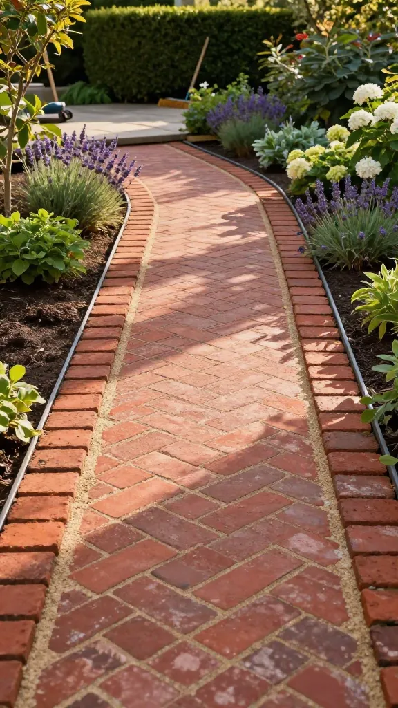 A realistic, high-resolution photo of a charming garden path made from red clay bricks laid dry on compacted sand, captured at golden hour in a lush backyard. The path features a herringbone pattern in the main run with a soldier-course brick edge, all snugly locked with swept-in polymeric sand. Low steel edging is subtly visible along the sides to keep the bricks tight. The path leads from a stone patio toward a clipped boxwood hedge and neatly edged perennial beds with lavender, white hydrangeas, and hostas. The scene is tidy and old-world in feel: warm, weathered brick tones with slight variation, tight joints, and a gently curved alignment. Soft dappled sunlight filters through small ornamental trees, casting delicate shadows across the brick surface. Include realistic details like compacted sand peeking at edges, a flat compactor set off to the side, and a broom leaning against a hedge, suggesting recent installation. Shallow depth of field emphasizes the brick texture and pattern while keeping the formal garden context clear. No people, no text, ultra-detailed, photorealistic.