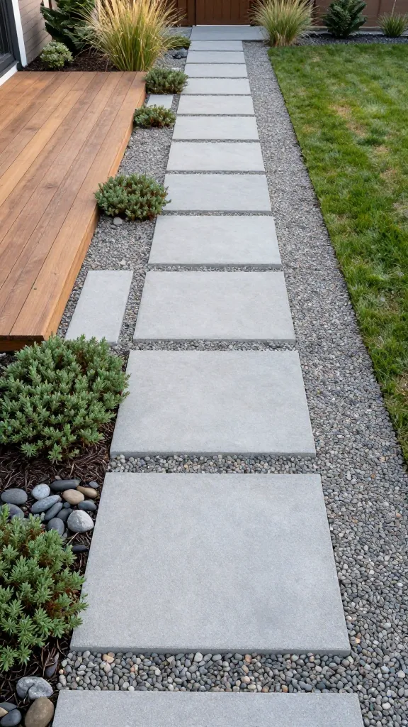 Realistic high-resolution photo of a contemporary backyard garden path made of large square concrete paver steppers (mix of 24x24 and 18x18 inches) set in consistent, even spacing over a compacted gravel-and-sand base. The gaps between pavers are intentionally decorative, filled in a pattern with smooth pea gravel, small river rock, and low, dense patches of creeping thyme for soft green texture. Scene shows a transition from a warm-toned wood deck to a neatly edged lawn, with the path leading through airy ornamental grasses and minimalist shrubs. Soft late-afternoon light, clean lines, and a modern aesthetic; slightly elevated angle to clearly show the negative space between pavers, crisp shadows, and level placement. Natural color palette, no people, no text, ultra-detailed, photorealistic.