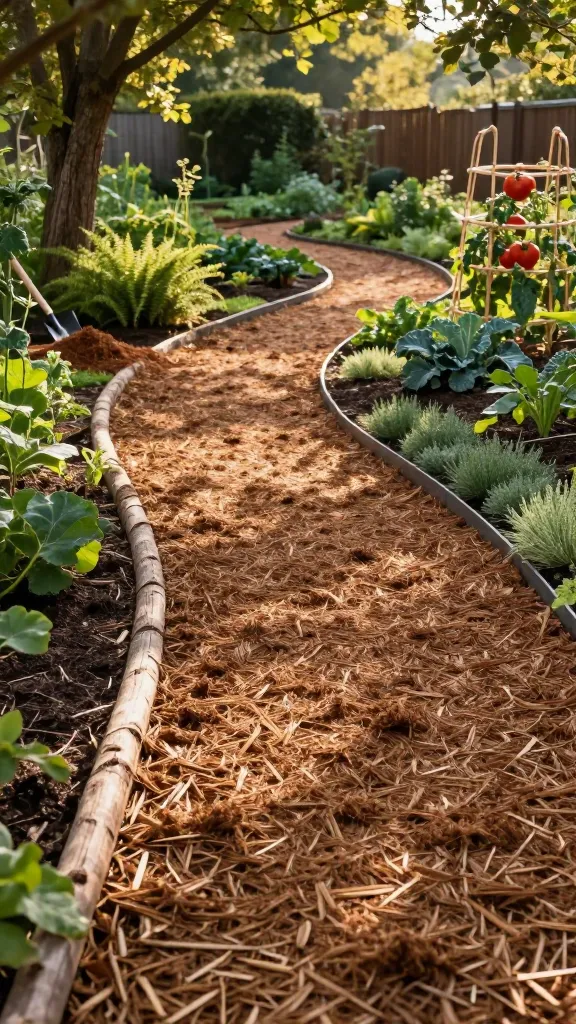 Golden-hour, realistic high-quality photo of a newly installed curving garden path made of rich brown cedar mulch winding through a lush backyard woodland-style garden, with the path meandering gently around mature trees and raised vegetable beds. The mulch is fresh and fluffy, with visible texture, and the edges are cleanly defined on one side by simple weathered log borders and on the other by low steel edging strips and a ribbon of low edging plants like thyme and liriope. Dappled sunlight filters through leaves, highlighting the warm tone of the mulch and casting soft shadows. Nearby vegetable beds feature tomatoes on cages, kale, and herbs; ferns and hostas line the shady areas. A gardener’s hand trowel and a small pile of extra mulch sit off to the side, implying recent work. The scene feels intentional and tidy, with minimal weeds, and a faint suggestion of woodsy mulch aroma through visual cues like steam-like warmth in the light. Background shows a natural fence line and layered plantings; shallow depth of field keeps focus on the curving mulch path and crisp edging. No text.