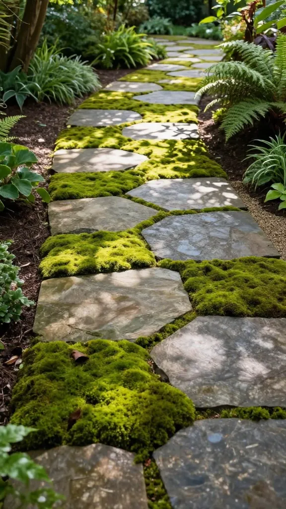 Realistic high-resolution photo of a backyard garden path made of irregular flagstone slabs with soft, organic edges, dry-laid like a puzzle with tight joints. Lush, velvety green moss fills the joints between the stones, especially dense in shaded, moist areas, creating a fairytale vibe. The path gently curves through a well-kept garden with dappled shade from mature trees, ferns, and hostas along the borders. Subtle decomposed granite/sand base visible at path edges, with naturalistic transitions into surrounding soil and groundcover. Morning light filters through leaves, highlighting the texture and varied thickness of the flagstone and the vibrant moss. No people, no text, ultra-detailed textures, shallow depth of field, 35mm lens look, natural color grading, premium landscape-architect aesthetic.