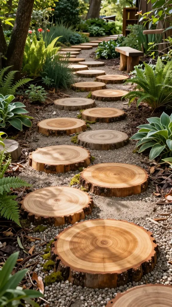 A realistic, high-resolution photo of a rustic garden path made from cut log slice steppers winding through a woodland-style backyard. The path consists of varied-diameter, sanded wood rounds from rot-resistant species like cedar or locust, their growth rings clearly visible and lightly sealed with a matte exterior wood preservative for a warm, honeyed tone. Each slice is set flush in a bed of fine gravel and sand for drainage, with small gaps filled by pea gravel and mossy tufts. The scene is dappled with soft afternoon light filtering through mature trees, casting gentle shadows. Surrounding plantings include ferns, hostas, woodland perennials, and natural leaf litter for authenticity. A subtle play area is visible in the background—like a simple wooden balance beam or natural stump seating—hinting at family use without dominating the scene. The composition is low-angle and slightly oblique, leading the eye along the curving path; colors are natural and earthy, with crisp detail, shallow depth of field, and a realistic, documentary garden photography style. No people, no text, no labels.