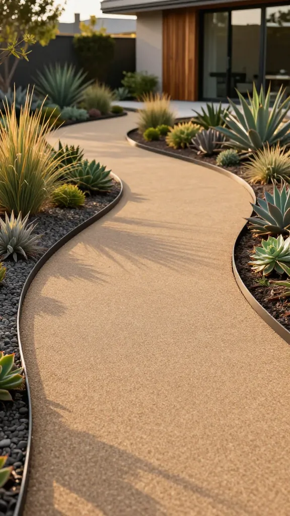 Golden-hour, realistic high-resolution photo of a sleek, modern backyard garden path made from decomposed granite (DG). The path is a smooth, compacted, matte tan surface laid in gentle curves through a drought-tolerant xeriscape with architectural succulents, ornamental grasses, and low-water shrubs. Metal or black steel edging crisply defines the DG, holding a clean profile against planted beds and a minimalist gravel mulch. Subtle joints/layers hint at 2–3 inch compacted lifts for realism. A discreet stabilizer effect is visible as a firm, even surface with minimal loose aggregate. The path is wide and level, clearly wheelchair- and stroller-friendly, leading past a contemporary single-story home with large windows and cedar or charred-wood accents. Soft, warm sunlight casts long shadows; no text, no people, just the path as the hero. Shallow depth of field with tack-sharp foreground detail of the DG texture, bokeh in the background plantings. Professional landscape photography, natural color grading, ultra-detailed, 50mm lens look.