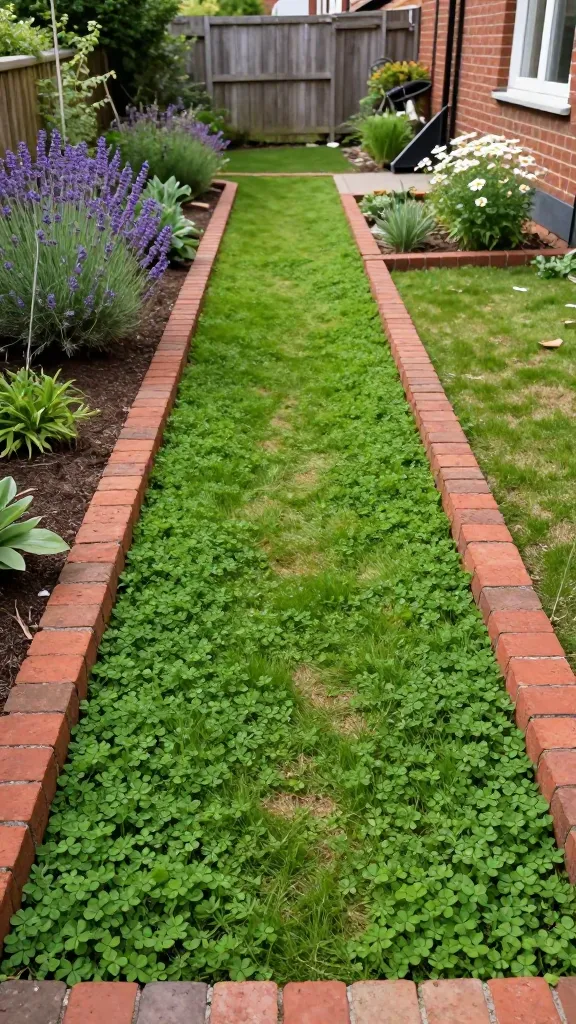A high-resolution, realistic photo of a garden pathway defined by classic red brick edging with a soft green infill of microclover and drought-tolerant turf. The bricks are laid in a clean soldier course along both sides of a straight run, with tightly fitted joints and a crisp, level top line. Inside the borders, the microclover creates a dense, low, emerald-green carpet dotted with tiny trifoliate leaves, blending seamlessly with patches of fine-textured turf. Subtle string-line stakes at the far end hint at careful layout. The path gently curves into a cottage-style backyard with flowering borders (lavender, catmint, and white daisies), a weathered wood fence, and a traditional brick house façade in soft afternoon light. The soil along the edges shows fresh grading and tidy transitions, with a push mower parked nearby to suggest easy maintenance. Shallow depth of field emphasizes the brick edges and lush green infill, natural colors, soft shadows, and realistic textures of brick, clover, and turf. No text.
