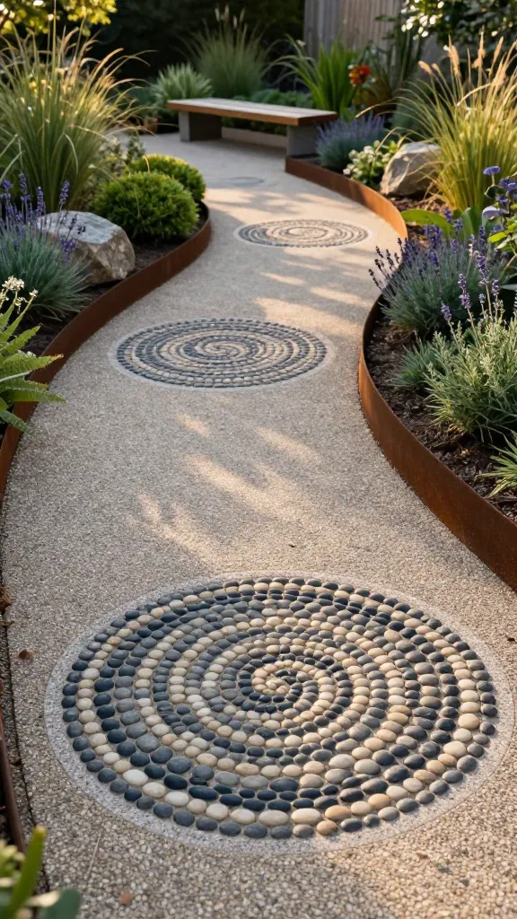 Golden-hour backyard scene showcasing an elegant garden path as the main subject, with compacted decomposed granite (DG) forming a clean, curving walkway through lush planting beds. At key points along the path—one at the entry and one at a gentle turn—feature striking circular pebble mosaic accents set flush into the DG: intricate, artist-quality patterns made from hand-sorted river pebbles in grayscale and earth tones (charcoal, cream, taupe), arranged in concentric rings and a subtle spiral. Pebbles vary slightly in size for texture, with darker stones outlining the motifs; the mosaics are neatly mortared and lightly sealed, giving a soft, wet-look sheen that deepens color without glare. Surrounding materials remain simple to emphasize the pebble focal points: fine gravel edging, corten steel landscape borders, and low, architectural plantings (boxwood mounds, blue fescue, lavender, and rosemary) with a few stone boulders for balance. In the background, a small seating node with a minimalist wooden bench sits off the path, partially framed by grasses. Natural, directional sunlight creates gentle shadows that highlight the pebble relief and the curve of the path. Ultra-realistic, high-resolution, shallow depth of field that keeps the foreground mosaic crisp while softly blurring the mid-ground seating area; no people, no text.