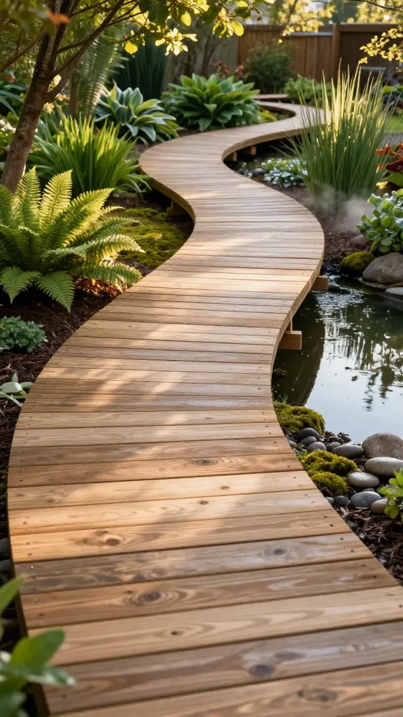 Realistic high-quality photo of a backyard garden featuring a boardwalk-style path as the main subject: a gently curving, elevated wooden boardwalk made from pressure-treated decking with visible slat spacing for drainage, supported by low ground-contact sleepers over a visibly damp, mossy depression. The path weaves through lush ferns, hostas, and native grasses, with a small rain garden basin and a reflective pond edge nearby, creating a secret-trail vibe. Late afternoon golden-hour light filters through partially shaded deciduous trees, casting soft dappled shadows across the deck boards. Close-up details show exterior screws and discreet joist hangers, with a clean, well-built finish and natural wood grain. Subtle mist over the low area hints at moisture; surrounding mulch and river stones define the edges. Naturalistic, serene composition with shallow depth of field foregrounding the boardwalk texture, rich greens, wet earth tones, and gentle reflections on water. No people, no text, ultra-realistic landscaping photography.