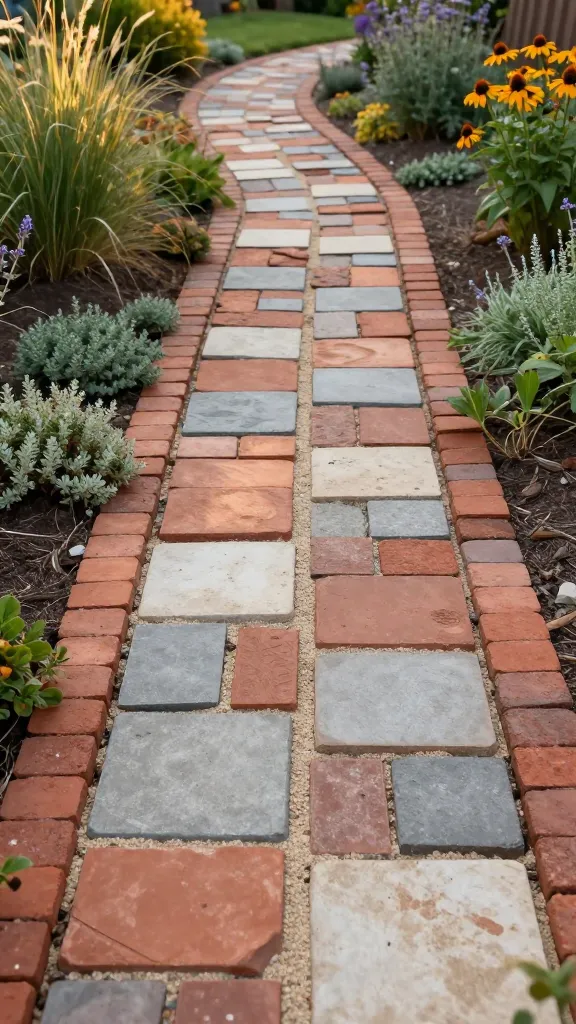Golden-hour backyard scene featuring a realistic, high-resolution photo of a recycled brick and broken paver patchwork garden path as the main subject. The path winds gently through an eclectic, leafy garden, composed of salvaged red clay bricks, weathered concrete pavers, and a few muted ceramic tile insets arranged in a cohesive boho mosaic. Pieces are set flat and level on a compacted decomposed granite/sand base with fine sand brushed into joints. Color palette is limited to warm terracotta, soft gray, and cream for a harmonious look. Edges are softly defined with low groundcovers like creeping thyme and sedum spilling slightly over the borders, with ornamental grasses and flowering perennials (echinacea, lavender) flanking the path. Subtle footprints and light scuffing suggest recent use. Natural soft shadows, shallow depth of field drawing focus to the texture and varied shapes of the materials, crisp detail on surfaces, slight patina and chips visible. No people, no text, no clutter—just a finished, sustainable DIY path that feels curated and inviting. Photorealistic, 50mm lens perspective, balanced composition, warm natural lighting.