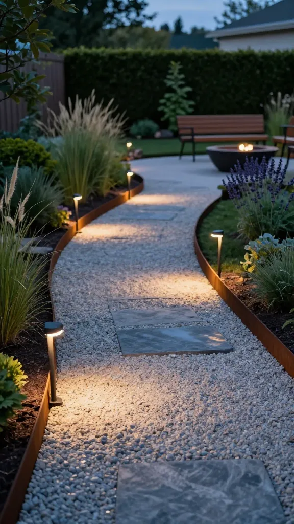 Twilight backyard garden path glowing with subtle edge lighting — a realistic, high-quality photo. A gently curving gravel path bordered by sleek corten steel edging, with warm white (2700–3000K) solar stake lights and low-voltage LED bollards placed on alternating sides to avoid a runway look. Soft rope/strip lights are tucked neatly beneath the steel edging, creating a refined outline that enhances safety and ambiance. Lush planting beds with ornamental grasses, lavender, and low boxwood lines the path; a modern wooden bench and small fire bowl seating area are visible in the background. The scene is shot at blue hour with balanced exposure: warm lights contrast against cool dusk sky, soft bokeh in the distance, shallow depth of field, realistic textures on gravel and metal, subtle reflections on damp stones, no text, professional photography, 35mm lens, natural color grading.