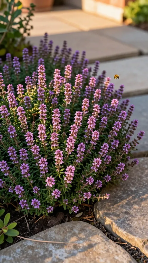 Ultra-realistic close-up garden scene featuring a lush carpet of creeping thyme (Thymus serpyllum) in full bloom, blanketing sunny ground between natural stone stepping stones along a patio path. Tiny, dense evergreen leaves form a low, tidy mat (1–3 inches tall) dotted with abundant, bee-attracting purple-pink flower clusters. A soft golden afternoon light highlights the texture of the foliage and stones, with a shallow depth of field focusing on the thyme and a honeybee hovering near a bloom. Surroundings show a warm-toned flagstone path and soft-edged borders, minimal mulch, and a hint of a sunlit patio in the background. Emphasize drought-tolerant, well-drained soil, gently worn stones to suggest light foot traffic, and the inviting, fragrant ambiance. Natural color palette, crisp detail, high dynamic range, 50mm lens look, photorealistic, no text.