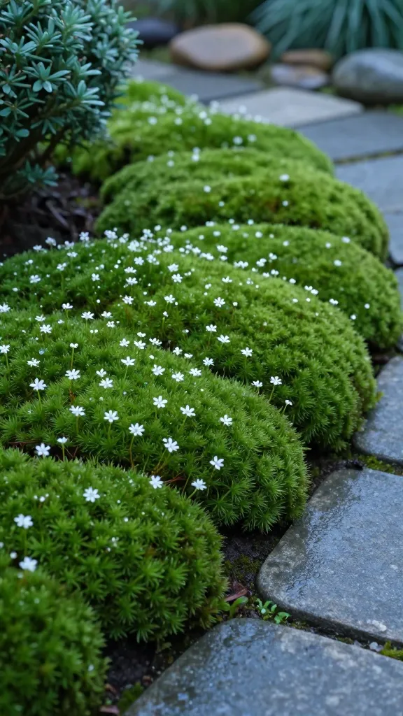 A hyper-realistic, high-resolution close-up photo of lush Irish moss (Sagina subulata) forming a dense, velvety emerald-green carpet in a cool, misty garden at early morning. Tiny star-shaped white flowers are sprinkled across the moss, with dewdrops glistening on the surface. The scene features irregular gray stone pavers set slightly apart, with the moss neatly filling the gaps and softening the edges. Soft, diffused light filters through partial shade from nearby shrubs, enhancing the rich green tones. Background shows a subtle rock garden with smooth river stones and low, cool-climate foliage, softly blurred for depth of field. The composition emphasizes the plush, uniform texture of the moss between pavers, moist soil conditions, and a tidy, well-kept border. Natural color grading, crisp macro details, shallow depth of field, photo-realistic style, 50mm lens, f/2.8.