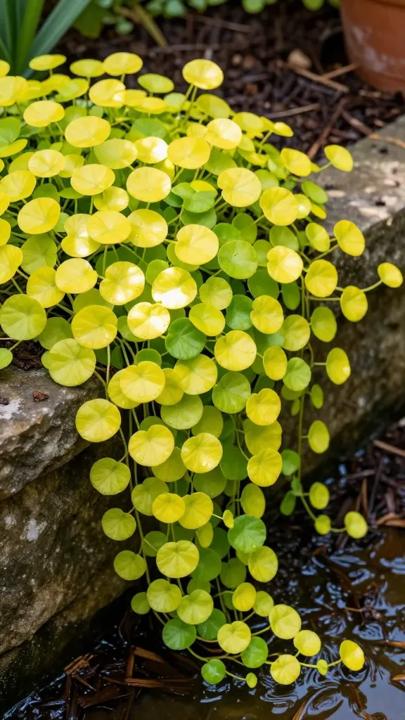 Close-up, high-resolution realistic photo of Creeping Jenny (Lysimachia nummularia) cascading in vibrant chartreuse mats, spilling over a low, weathered stone wall into a shady garden corner. The round, coin-shaped leaves glow neon-lime in dappled sunlight, with brighter highlights where sun hits and deeper greens in partial shade. The plant trails densely over dark brown mulch and edges a small reflective water feature, suggesting its love of moisture. Subtle morning light, soft depth of field emphasizing the lush, trailing texture and vigorous spread, with controlled edges hinted by a terracotta container nearby. Natural color balance, crisp leaf detail, slight dewdrops on foliage, no text, ultra-realistic garden setting.