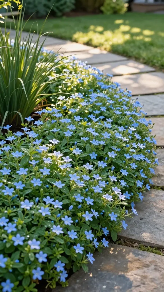 Realistic high-resolution garden close-up showcasing a lush carpet of Blue Star Creeper (Isotoma/Pratia) forming a dense, flat mat between natural stone flagstones on a gently curving stepping path. The tiny, fine-textured green leaves are punctuated by abundant dainty, star-shaped pale blue flowers, creating a soft, finished look. Scene set in a well-kept yard with full sun to part-shade dappled light filtering through light canopy, subtle morning golden hour glow, soft shadows, and slightly dewy foliage for fresh vibrancy. Include a hint of adjacent ornamental grasses and a blurred background of a tidy lawn edge and low shrubs to emphasize a high-visibility area. Perspective at knee height with shallow depth of field, crisp detail on the creeper’s leaves and flowers, realistic color rendition, no text, ultra-photorealistic, 50mm lens, natural tones.