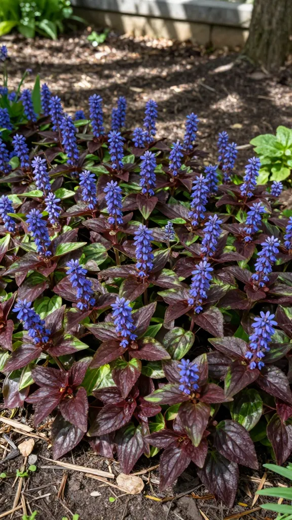 A realistic, high-resolution photo of Ajuga reptans (bugleweed) as the dominant ground cover in a shaded garden setting under mature trees, forming a dense, weed-suppressing mat. Focus on glossy foliage in mixed cultivars: rich burgundy, deep chocolate, and green leaves with creamy variegation. Capture late spring bloom with numerous short spikes of vivid blue-violet flowers rising above the foliage, attracting a few small pollinators (bees). Scene includes dappled part-shade light, moist clay-loam soil with light mulch, and a stone foundation wall in the background to show use along foundations. Include a subtle contrast with a few nearby small perennials partially encroached by the Ajuga to suggest its vigorous spread. Use a shallow-to-moderate depth of field with sharp foreground detail on leaf texture and flower spikes, natural color grading, soft overcast lighting, and a low, slightly angled perspective at ground level. No text.