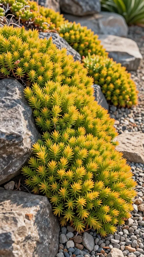 Close-up, high-resolution realistic photo of Sedum ‘Angelina’ (Sedum rupestre ‘Angelina’) thriving in full sun on a rocky slope. The low-growing, mat-forming succulent displays dense, needle-like foliage in vibrant golden-green with subtle orange tips suggesting cool-season color shift. Plants cascade between angular gray stones and gravel, showing sharp drainage and a drought-tolerant setting. Soft afternoon sunlight creates gentle highlights and crisp shadows, emphasizing texture and the citrus-tinted hues. A shallow depth of field keeps the main clumps in sharp focus while the background of a sunlit rock garden softly blurs. No flowers visible, just lush, healthy foliage with a few lightly trimmed stems indicating spring refresh. Color palette: golden-green, warm orange accents, neutral grays and tans of rock and grit. Composition showcases sprawling mats filling former bare patches, conveying toughness, heat tolerance, and year-round interest.