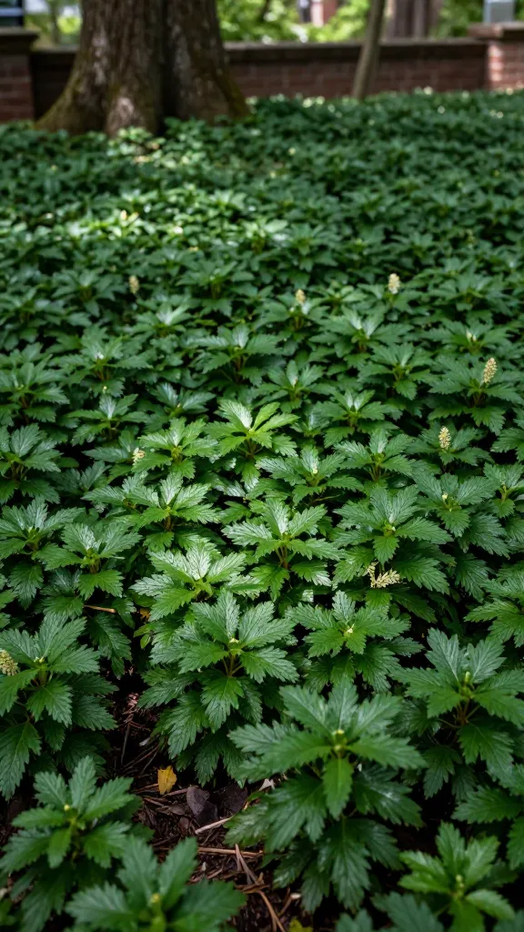 Ultra-realistic close-up landscape photo of a lush carpet of Pachysandra terminalis (Japanese spurge) thriving in deep shade beneath mature hardwood trees, creating a dense, glossy evergreen ground cover with small, serrated, oval leaves arranged in neat whorls around upright stems. Soft, dappled light filters through the canopy, highlighting the rich green foliage and subtle texture variation. The soil looks moist and well-drained with a thin natural mulch layer; there is visible spacing between patches to allow airflow, avoiding overcrowding. In the background, a shaded brick foundation wall and large tree trunks provide context for a shady foundation bed. Early spring ambiance with a few inconspicuous white spiky flower clusters tucked among the leaves, no weeds, no flowers dominating. Natural color grading, shallow depth of field, crisp detail on leaf surfaces, soft bokeh background, 50mm lens, f/2.8, high dynamic range, professional garden photography.