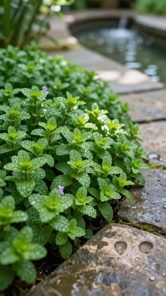 Close-up, high-resolution realistic photo of a lush patch of Corsican mint (Mentha requienii) forming tiny, dense, bright-green mats between irregular natural stone pavers in a shaded garden pathway near a small water feature. Dew-kissed, delicate round leaves create a soft carpet, with a few minuscule pale-lilac blooms peeking through. Soft dappled light filters through overhead foliage, suggesting part shade and a cool, moist environment. Subtle footprints near the edge imply occasional gentle stepping without heavy traffic. The stones are slightly damp with mossy edges, and a blurred background shows a serene seating area and rippling water reflections. Shot at low angle macro-to-micro depth of field, crisp detail on leaf texture, natural color grading, soft bokeh, realistic shadows, 50mm lens equivalent.
