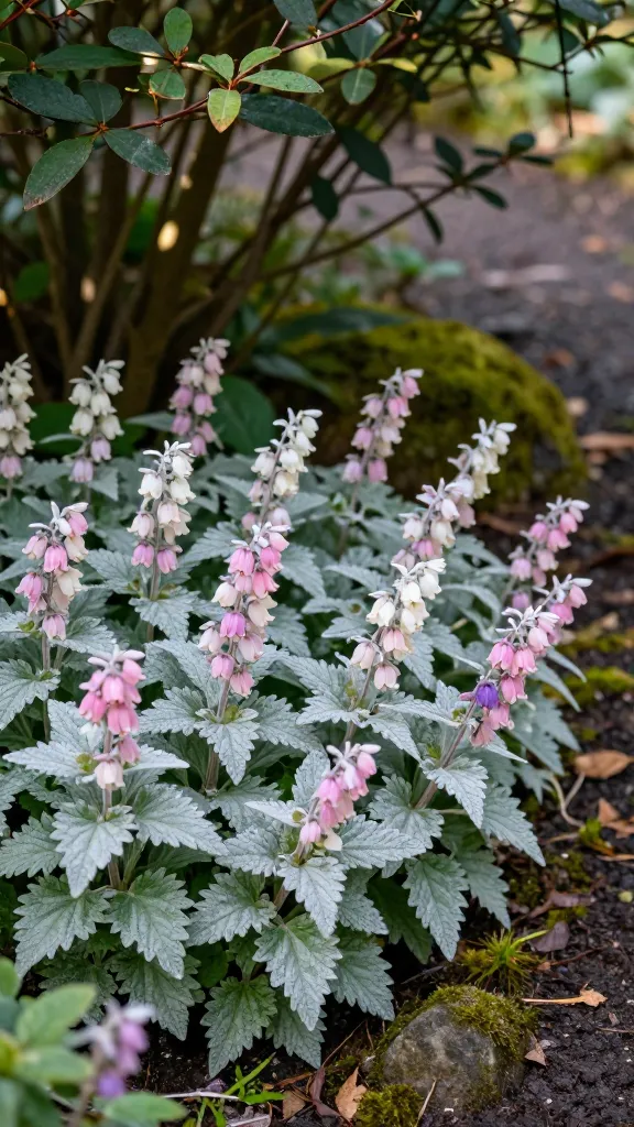 Close-up, realistic garden scene featuring Lamium (dead nettle) as the star ground cover in a shaded woodland border under deciduous shrubs. The Lamium forms a dense, low carpet of silver-variegated leaves with green margins and a frosty sheen, interspersed with delicate hooded flowers in soft pinks, whites, and light purples. Dappled light filters through overhead foliage, creating gentle highlights on the metallic leaves. The setting shows a naturalistic path edge with rich, slightly moist soil, scattered leaf litter, and mossy stones. Depth of field is shallow-to-medium, keeping the Lamium crisp and detailed in the foreground while softly blurring the shrubs and woodland path behind. Colors are natural and subdued to emphasize the plant’s silvery foliage and pastel blooms. High-resolution, lifelike macro-to-medium perspective, no people, no labels, no text.