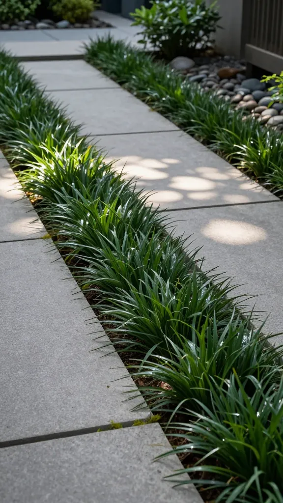 Realistic high-resolution photo of a shaded modern garden pathway edged with dense dwarf mondo grass (Ophiopogon japonicus ‘Nana’). The scene shows fountain-like tufts of fine, dark green, strap-shaped leaves forming a tight, uniform ground cover that neatly frames large rectangular concrete stepping stones. Soft dappled light filters through nearby trees, creating gentle highlights on the glossy foliage. The mondo grass is planted in continuous ribbons along both sides of the pavers and between them, emphasizing clean architectural lines and a calm, orderly aesthetic. Background includes a minimal, contemporary bed with smooth river stones and a few low, shade-tolerant shrubs blurred softly to keep focus on the mondo grass texture. Subtle moist soil and a slightly dewy sheen on leaves suggest a cool, part-shade environment. Shot at low angle, 50mm lens, shallow depth of field, natural color grading, ultra-detailed textures. No people, no text.