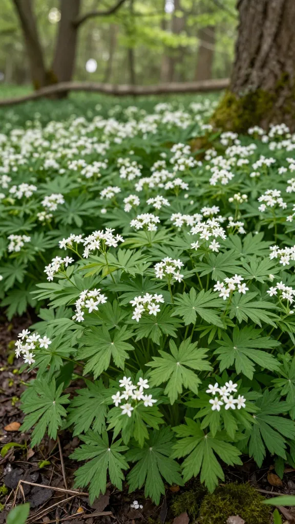 Close-up, realistic photo of a lush patch of Sweet Woodruff (Galium odoratum) forming a soft, feathery carpet beneath mature deciduous trees in dappled shade. The scene shows delicate, whorled lanceolate leaves in vibrant spring green, with clusters of tiny, star-shaped white flowers scattered throughout, suggesting a light, sweet fragrance. The ground is a moist, humus-rich forest floor with dark, leaf-littered soil and a few mossy accents, evoking a naturalized, woodland garden bed. Soft, diffused morning light filters through the canopy, creating gentle highlights on the foliage and subtle bokeh in the background. Composition emphasizes the spreading habit, with a shallow depth of field focusing on the textured whorls and blooms in the foreground, and softly blurred tree trunks and shaded understory beyond. Ultra-realistic, high-resolution, natural color grading, no people, no text.