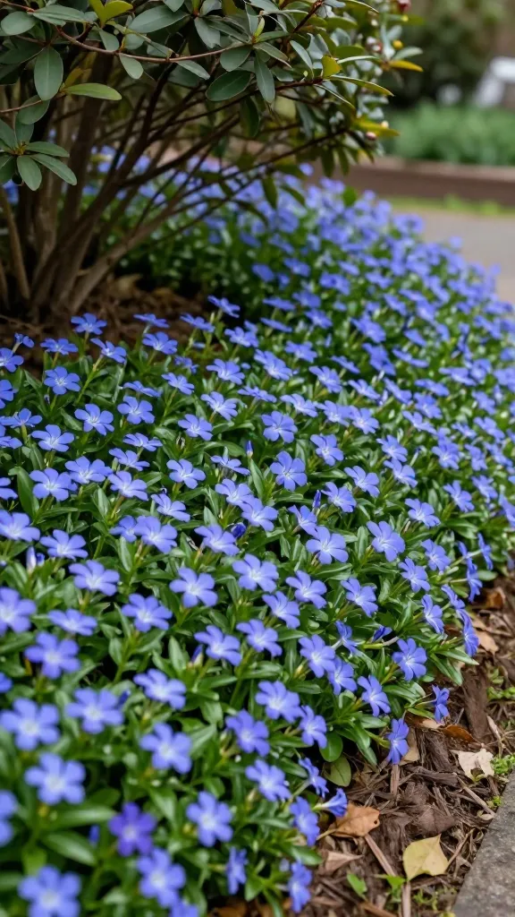 Close-up, realistic high-resolution photo of a lush carpet of Vinca minor (periwinkle) covering a gentle shaded slope beneath deciduous shrubs. Show dense, glossy, dark green evergreen leaves and abundant small blue-violet, five-petaled flowers blooming in spring. The scene is dappled with soft, filtered light through overhead branches, with a slightly sloped terrain suggesting erosion control. Include a natural mulch edge and a few scattered, dry leaves to emphasize low-maintenance ground cover. Shallow depth of field highlighting the periwinkle in the foreground, with the background softly blurred shrubs and shaded garden. Natural colors, crisp detail, no people, no text.