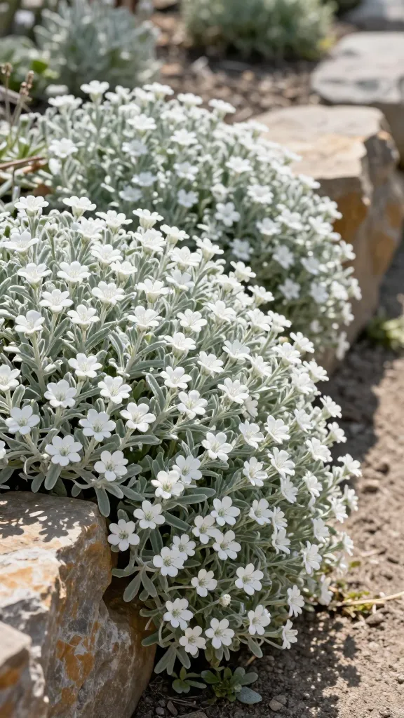 Ultra-realistic close-up landscape photo of Snow-in-Summer (Cerastium tomentosum) cascading over a sunlit rock wall in late spring, showcasing dense mats of silvery, fuzzy foliage covered in clouds of small, pure white, five-petaled flowers. Scene is set in a bright, dry, full-sun garden with well-drained, gritty soil and warm, natural stone edges. Include a gentle slope where the plants spill over rocks and brighten a border, with a few sunlit highlights on the silver leaves to emphasize their sheen. Background softly blurred to suggest a hot, sunny day with minimal other plants, focusing on the lush spread and crisp texture of the ground cover. Natural color grading, high detail, shallow depth of field, 50mm lens, soft morning light, no text.