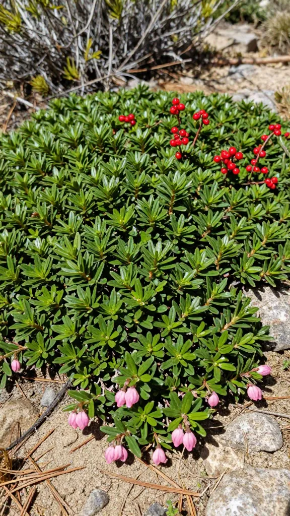 A high-resolution, natural-light photo of a sun-drenched dry slope in a native landscape covered with a dense mat of Bearberry (Arctostaphylos uva-ursi). The low, glossy, dark-green evergreen leaves form a continuous groundcover over sandy, well-drained soil with scattered granite rocks. In the foreground, clusters of delicate, urn-shaped pink spring flowers hang beneath the foliage; in the midground and background, some stems bear bright red berries for wildlife. The scene is in full sun with crisp shadows, showcasing the plant’s erosion-controlling spread and tough, drought-tolerant character. Include subtle signs of habitat—pine needles, a few twigs, and a blurred background of open, native shrubs—while keeping Bearberry as the clear focal point. Ultra-realistic, shallow depth of field, vibrant yet natural colors, detailed leaf texture, 50mm lens look.