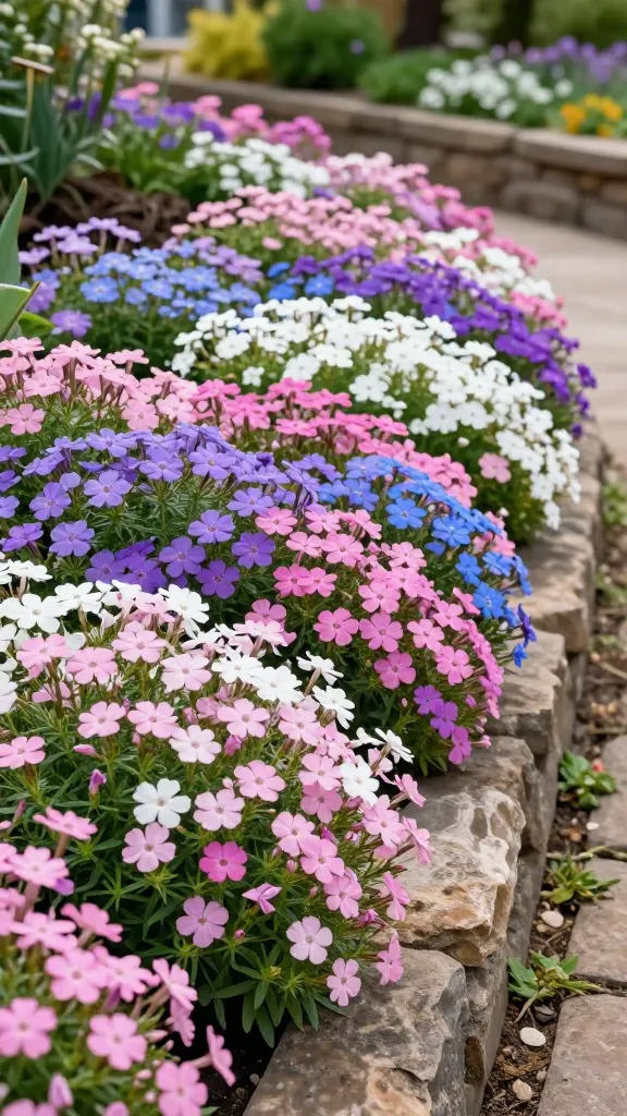 A high-resolution, realistic photo of a lush carpet of Creeping Phlox (Phlox subulata) in peak spring bloom cascading over a gently sloped garden bank and a low stone retaining wall. The plants form a dense, tidy mat hugging the ground, with vibrant clouds of pink, purple, white, and soft blue flowers intermingled. Capture bright, crisp daylight in full sun, emphasizing the profusion of tiny five-petaled star-shaped blooms and fine, needle-like evergreen foliage beneath. Include a naturalistic landscape setting with well-drained, slightly rocky soil, the retaining wall stones textured and weathered, and a sunny border in the background with soft-focus perennials. Use a low, slightly angled perspective to showcase the sweeping “floral carpet” effect across the slope and over the wall edge. Ultra-detailed, shallow depth of field, true-to-life colors, no text, photo-realistic, 50mm lens look.