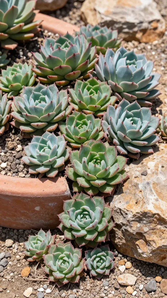 Ultra-realistic close-up photo of a thriving colony of Hens and Chicks (Sempervivum) forming tight rosette clusters in a sunny rock garden. The scene features multiple varieties with subtle color shifts—dusty green, burgundy-tipped, and silvery blue—nestled in gritty, well-draining soil with small gravel and craggy stones. Some rosettes spill into rocky crevices and the edge of a rustic terracotta container, showing natural offsets (“chicks”) radiating from larger “hen” rosettes. Harsh, bright midday sunlight casts crisp, short shadows, highlighting the sculptural symmetry and fleshy leaf texture with fine ciliate margins. Background softly blurred but hints of additional succulents and warm-toned rocks convey a dry, porous setting. No water droplets, no mulch, no text—just a clean, high-detail botanical portrait emphasizing drought resilience and year-round structure. 50mm lens equivalent, high resolution, true-to-life color, shallow depth of field.