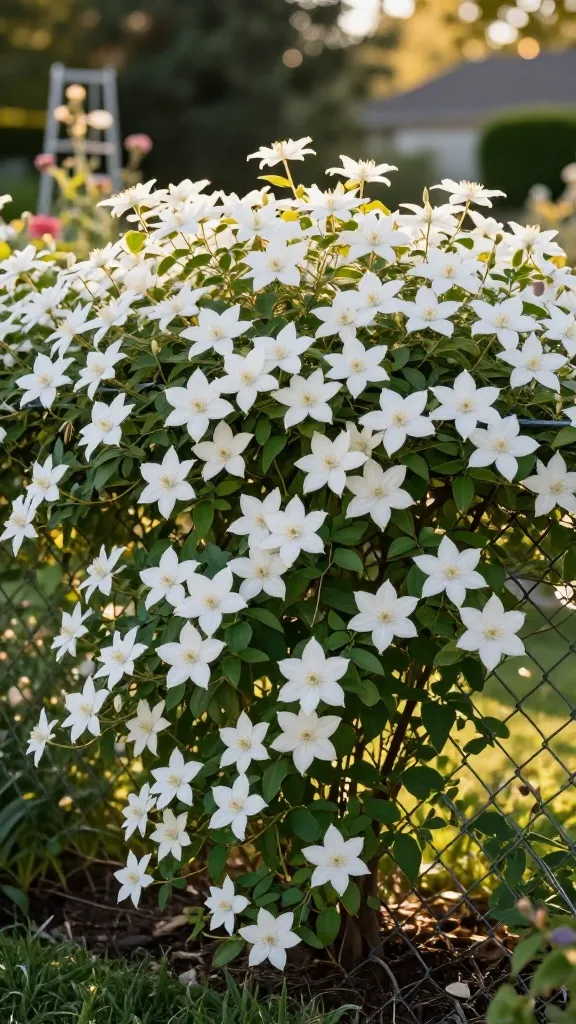 A realistic, high-resolution photo of a lush Sweet Autumn Clematis (Clematis terniflora) in late summer, completely cloaking an old chain-link fence with a dense cascade of tiny, star-shaped white flowers and glossy green leaves. The scene captures the plant’s vigorous growth and romantic, cloud-like bloom display in golden late-afternoon light. Thin horizontal wires are visible beneath the foliage, showing how the vine’s leaf petioles latch onto slim supports. The base of the plant is mulched and shaded, while the top basks in warm sun, creating a natural gradient from cool, dappled shade near the soil to sunlit blossoms above. Background is a soft-focus suburban garden with hints of a trellis post and late-season perennials, emphasizing fragrant, abundant flowers and quick coverage. Shot with a full-frame camera, 85mm lens, shallow depth of field, crisp detail on the white blooms, soft bokeh in the background, no text.