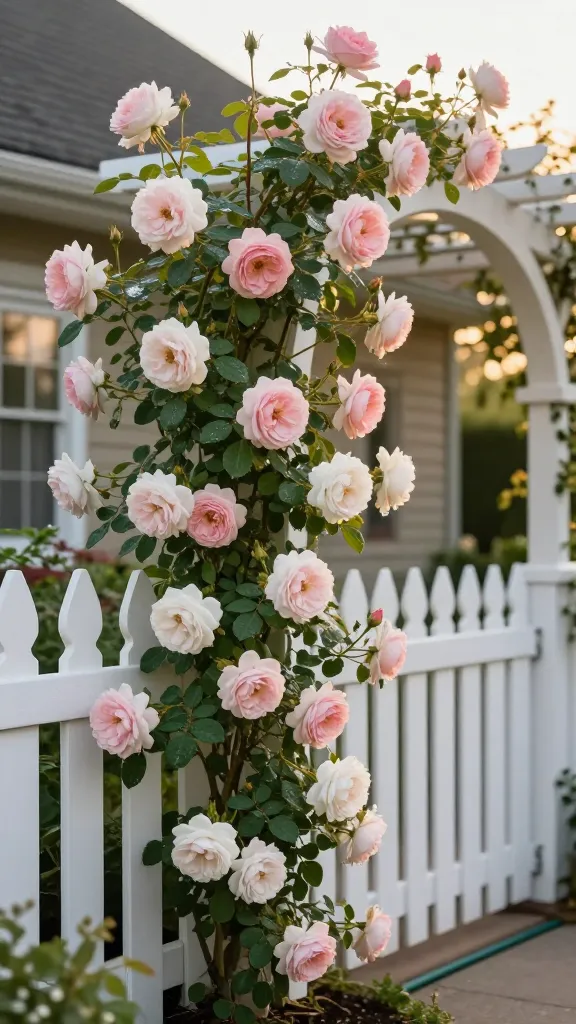 Golden-hour, realistic high-resolution photo of a charming cottage-style front fence and arched trellis covered in lush climbing roses in full bloom. The scene showcases long, silky canes fanned horizontally along white-painted pickets and an arched pergola entry, producing abundant flowering shoots with large, romantic blooms in soft blush pinks and creamy whites, accented by glossy deep-green foliage. Subtle dew on petals, a few spent blooms for realism, and well-tended soil at the base with a simple soaker hose hint at deep watering. Background includes a warm, inviting cottage facade with muted neutral siding and soft window light, shallow depth of field to keep focus on the roses. Natural, balanced lighting with gentle sun flare, true-to-life color, fine petal texture, and slight breeze movement in leaves. Shot on a full-frame camera with a 50mm lens, f/2.8 for creamy bokeh, ultra-detailed, photorealistic. No text.