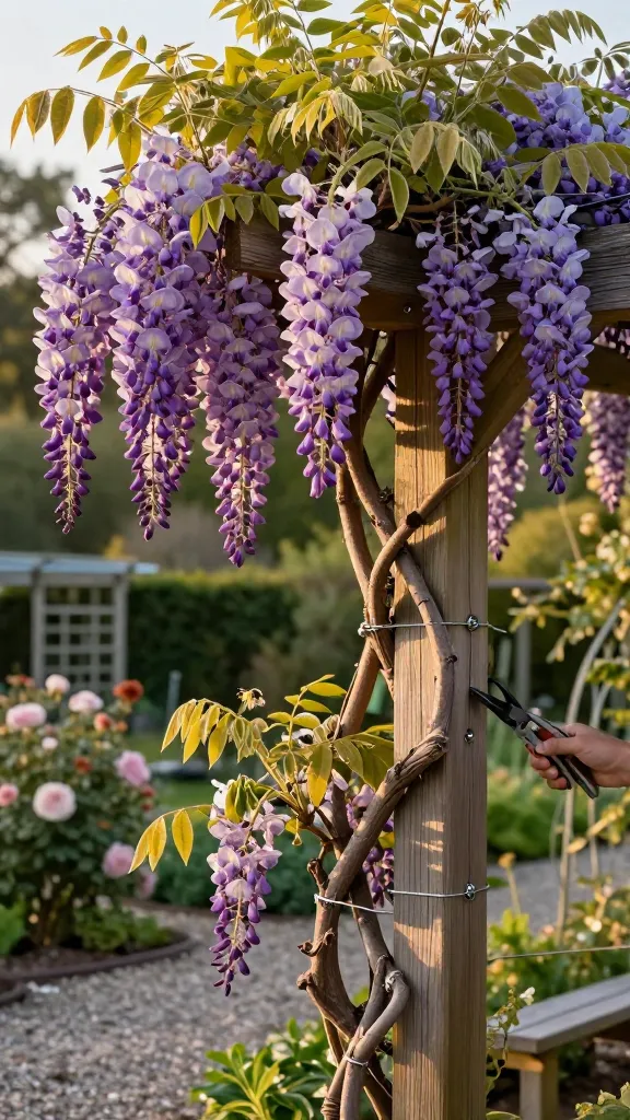 Golden-hour, high-resolution photo of a mature wisteria in peak bloom cascading like a purple waterfall over a heavy-duty wooden pergola in a garden. Thick, twining vines wrap stainless steel eye screws and tensioned wires along sturdy 6x6 cedar posts, showing the plant’s strength and structure. Dense clusters of lavender-purple racemes hang in long drapes, with some white blossoms mixed in, and glossy green compound leaves catching warm side light. A gardener’s hand with sharp pruners is visible shaping a new shoot, hinting at aggressive training. Subtle wildlife-friendly touch: a native bumblebee hovering near blossoms. Background softly blurred: gravel path, climbing roses, and a distant trellis. Colors rich and natural, realistic texture on bark and petals, shallow depth of field, ultra-detailed, DSLR realism.