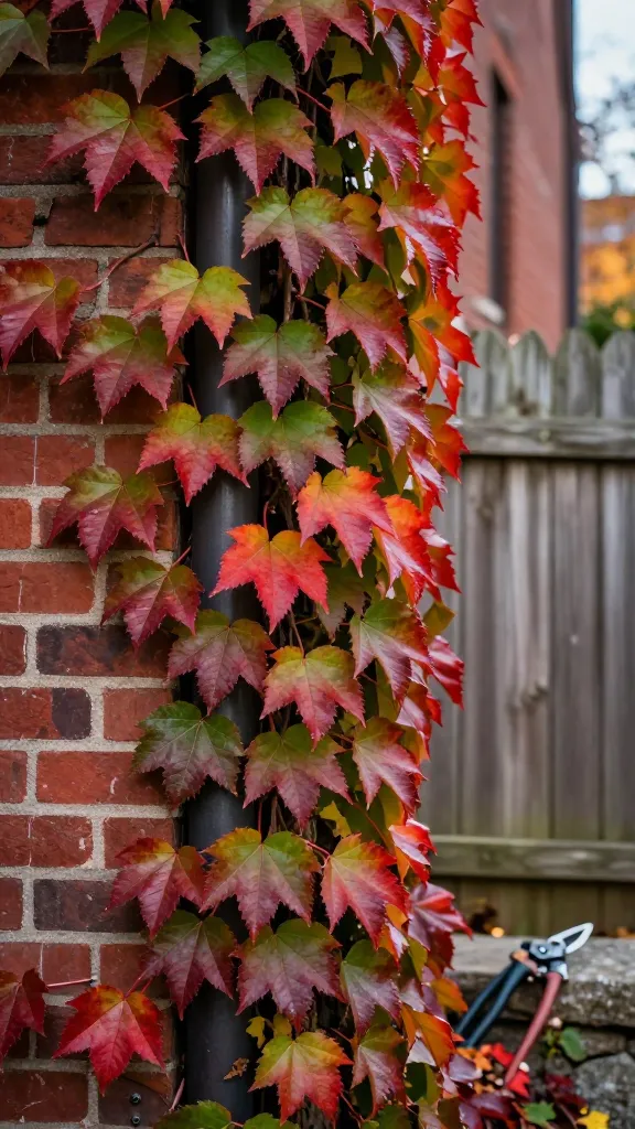Ultra-realistic photo of Boston ivy (Parthenocissus tricuspidata) blanketing a long brick wall and adjacent wooden fence in early autumn, showcasing its self-clinging tendrils and adhesive pads gripping the masonry and wood. Leaves display a dramatic gradient from deep green to fiery scarlet and burgundy, with glossy, three-lobed foliage densely layered for quick coverage. Composition includes a classic collegiate vibe: aged red brick with subtle mortar texture, an iron downspout partly veiled by vines, and a weathered cedar fence receding into the distance. Soft late-afternoon light creates warm highlights and gentle shadows, emphasizing leaf veins and the tactile grip of the tendrils. A gardener’s pruning shears rest subtly on a nearby stone ledge, hinting at late-winter maintenance. Shallow depth of field keeps the foreground leaves tack-sharp while the background fence line and brick corridor softly blur, adding depth and realism. No text. Photographed with a full-frame DSLR, 50mm lens, f/2.8, natural color grading.