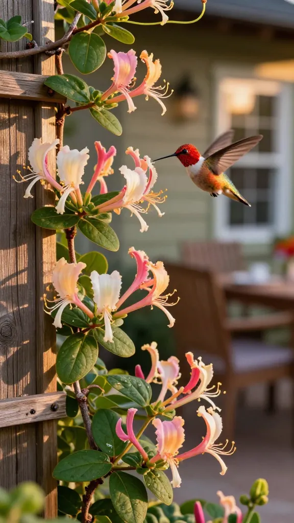 Close-up, realistic high-quality photo of a thriving honeysuckle (Lonicera) vine trained on a rustic wooden trellis along a backyard fence near a cozy patio at golden hour. Show abundant tubular blossoms of a non-invasive variety (Lonicera periclymenum ‘Goldflame’) in pink-to-apricot tones with creamy throats, glossy green opposite leaves, and twining stems. A ruby-throated hummingbird hovers mid-sip among the flowers, wings blurred, iridescent throat catching warm sunlight. Background softly bokeh-blurred with hints of window and patio seating to suggest placement near the home. Subtle evidence of good care: evenly moist soil mulch, neatly guided tendrils, branched growth from early training. Lighting warm and natural, shallow depth of field, macro-lens detail on nectar-filled blooms and fine leaf veins, photorealistic color and texture, 50mm equivalent, f/2.8, high dynamic range. No text.