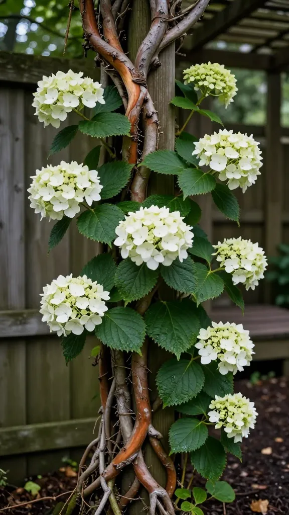 Realistic close-up photo of a mature climbing hydrangea (Hydrangea anomala subsp. petiolaris) covering a shaded, north-facing wooden fence and trellis in a woodland garden. The vine’s self-clinging aerial roots grip the boards without ties, thick woody stems show cinnamon-brown, peeling bark for winter interest. Large, flat lacecap flower clusters with creamy-white sterile bracts encircle tiny fertile florets, blooming amid broad, matte deep-green, heart-shaped leaves with serrated edges. Soft, cool, dappled shade filters through overhead tree canopy; moist, well-drained soil with leaf mulch at the base. Subtle morning light, natural color rendering, high detail macro textures of bark, roots, leaf veins, and petal edges. Shallow depth of field isolates blooms and clinging roots, background softly blurred fence lines and shaded arbor. Shot on full-frame DSLR with 85mm lens, f/2.8, ISO 200, realistic botanical garden aesthetic, no text.