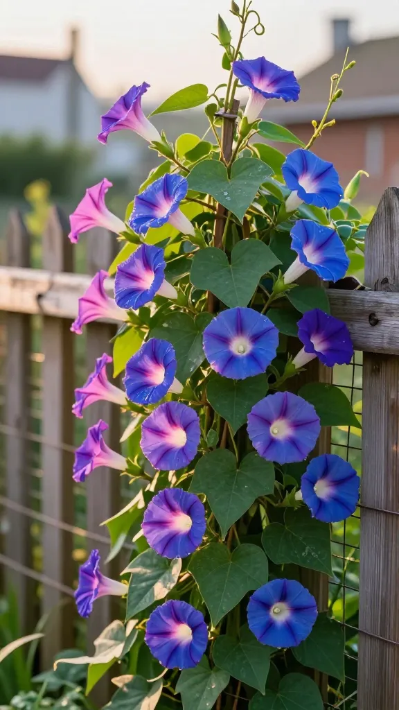 Close-up, realistic high-quality photo of a vibrant morning glory vine in full summer bloom climbing a simple backyard trellis fence. Trumpet-shaped flowers in rich purples, blues, and pinks with white throats open to the morning light, surrounded by lush heart-shaped green leaves. The vine twines naturally around thin twine and mesh supports attached to a weathered wooden fence, showing rapid vertical growth and dense coverage that forms a cheerful seasonal curtain. Soft golden early-morning sunlight casts gentle highlights and shallow depth of field blurs a modest urban garden in the background. Subtle details include dew on petals, young tendrils coiling around the support, and a few green seed pods forming—no text, ultra-realistic, natural color grading, 50mm lens look.