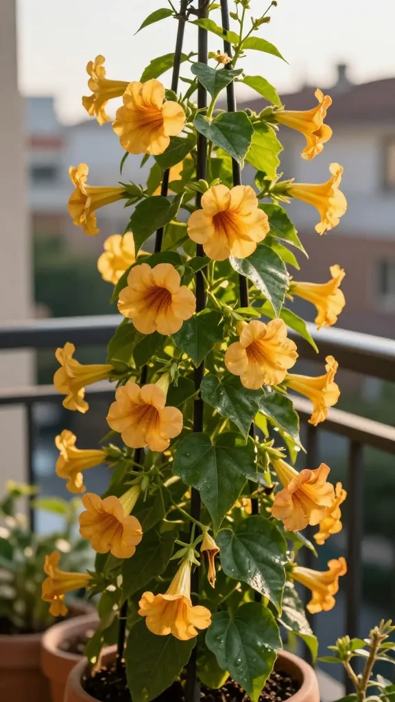 A sunlit, close-up garden scene of a thriving Black-Eyed Susan Vine (Thunbergia alata) climbing a slender black metal trellis on a small balcony. The vine features abundant, realistic trumpet-shaped blooms in warm shades of golden yellow and soft orange, each with a distinct velvety dark brown “eye,” set against lush, heart-shaped green leaves. The plant appears well-watered and healthy, with a few spent blooms discreetly snipped, showing light deadheading. The background shows a softly blurred urban setting with a balcony railing gently softened by the vine, and a terracotta container at the base indicating container growth. Golden late-afternoon sunlight creates gentle highlights on petals and leaves, with natural shadows and a shallow depth of field for a professional, high-resolution botanical photograph. No text, no people.
