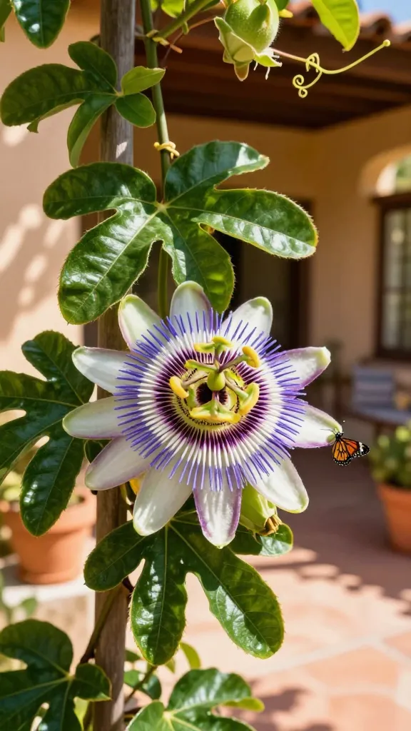 Ultra-realistic close-up photo of a Passionflower (Passiflora) climbing a sturdy trellis beside a sunlit patio walkway, midday golden light. Focus on one fully open blossom with intricate radial filaments in purple, white, and blue, a prominent green-and-purple central corona, and detailed anthers and stigmas; include a few unopened buds and glossy, lobed green leaves with delicate tendrils wrapping the trellis. Subtle presence of small orange-and-black butterflies (e.g., Gulf Fritillary) visiting the flower. Background shows a warm, Mediterranean-style garden with dappled sunlight, terracotta pots, and soft bokeh; hints of developing green passionfruit visible on the vine. Natural color palette, high dynamic range, shallow depth of field, 50mm lens look, ultra-sharp textures on petals and leaves, no text.