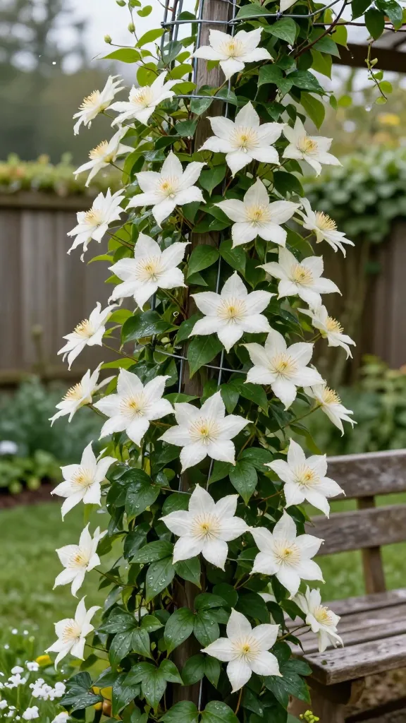Close-up, high-resolution realistic photo of Evergreen Clematis (Clematis armandii) covering a sturdy wire trellis along a garden seating area in a mild-climate backyard. The vine is dense with glossy, leathery, deep-green evergreen leaves and an abundance of star-shaped, creamy-white spring flowers with pale yellow stamens, appearing in cascading clusters. Soft morning light, slight breeze, and a sheltered position with a fence and windbreak hedging in the background. Subtle bokeh highlights a refined, fast-growing look; young stems gently tied and guided along taut horizontal wires. Minimal pruning evident—clean, tidy growth with no heavy cuts. Include a weathered wooden bench nearby to suggest a perfumed seating zone, dewy petals, and natural colors; no text, no people.