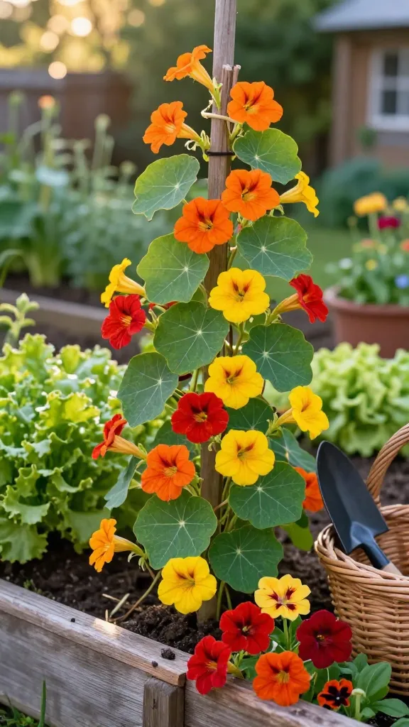 Close-up, realistic garden photo of climbing nasturtiums on a small wooden trellis beside a vegetable bed in late afternoon light. Vines weave upward with round, lily-pad leaves and abundant funnel-shaped blooms in saturated hot shades—fiery orange, deep red, and sunny yellow. Some stems gently spill over the edge of a rustic raised bed, softening its lines. A few edible flowers and leaves are artfully nestled near a wicker basket of garden tools to hint at kitchen use, without text. Background shows a kid-friendly cottage garden vibe with soft-focus herbs and lettuces, warm bokeh, and dappled sun. Natural textures, slight soil on leaves, and crisp detail on petals and leaf veins; color-balanced, high-resolution, shallow depth of field, realistic lighting.