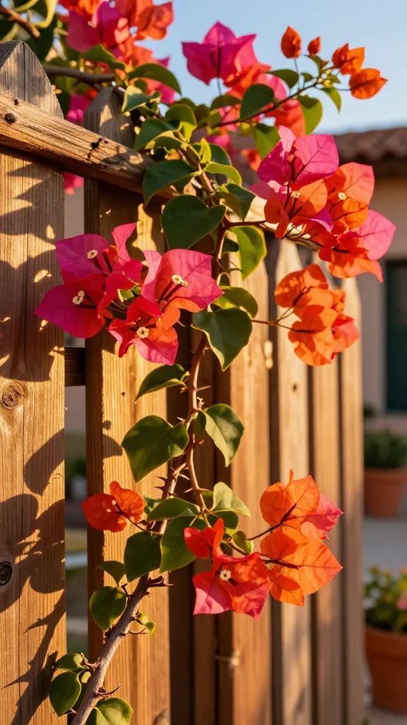 Golden-hour close-up of a vibrant bougainvillea vine exploding with neon magenta and coral-orange bracts climbing a sun-drenched wooden fence, set in a warm Mediterranean-style backyard. The plant’s glossy green leaves and sharp thorns are clearly visible on sturdy, twisting canes supported by a rustic trellis. Strong, directional sunlight creates crisp shadows and highlights the papery texture of the bracts. Background includes terracotta pots, a stucco wall, and a hint of blue sky with sun flare, all softly blurred for depth of field. Realistic, high-resolution photo with rich, saturated colors, shallow depth of field, and natural imperfections in leaves and wood grain for authenticity.