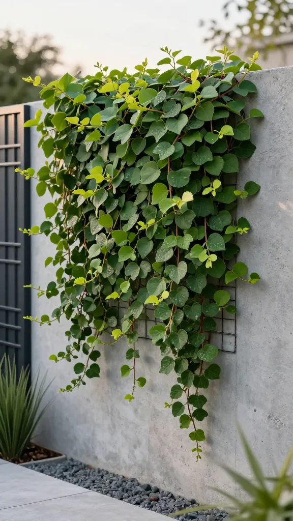 Ultra-realistic photo of an Evergreen Climbing Fig (Ficus pumila) creating a lush “living wall” on a modern backyard fence, shot in soft morning light. The tiny adhesive pads grip a rough, light-gray concrete/rendered wall with a small metal mesh starter grid partially visible near the base. Dense, velvety green foliage with small, heart-shaped juvenile leaves forms a uniform, minimalist backdrop. A clean, contemporary garden setting includes a narrow gravel strip at the base, a matte black steel trellis panel to one side, and a few sculptural grasses in low, rectangular concrete planters. Subtle pruning lines show recent shearing for a neat edge along the top and sides. Warm-climate vibe with no frost; gentle shadows, crisp detail of leaf texture and surface adhesion, shallow depth of field emphasizing the wall, natural color grading, high-resolution, editorial-quality outdoor photography.